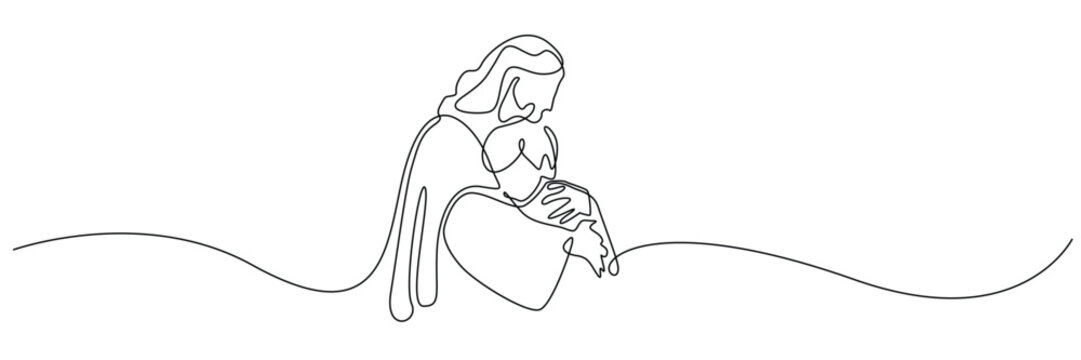 one continuous line jesus hugging child.single line jesus giving help.vector illustration jesus line art.eps 10