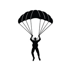 Silhouette of a skydiver descending with parachute against a plain white background