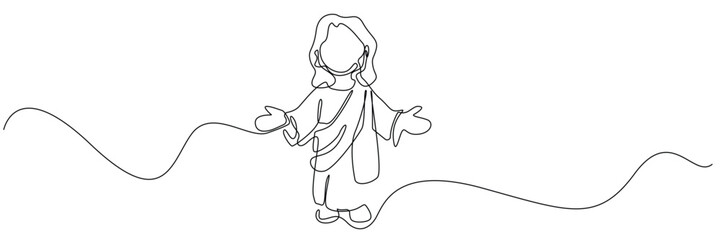 one continuous line of god jesus.single line cartoon jesus character opening hands.symbol sign of jesus giving help.vector illustration .eps 10