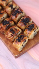 Jakarta's signature baked Bolen cake photographed at various angles of 45 degrees, front view and flat lay. isolate object