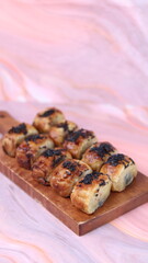 Jakarta's signature baked Bolen cake photographed at various angles of 45 degrees, front view and flat lay. isolate object