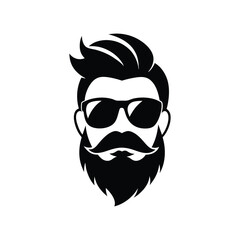 Stylized black and white hipster face with sunglasses beard and moustache vector icon