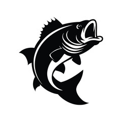 Stylized black and white illustration of a jumping fish with its mouth open upwards