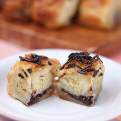 Jakarta's signature baked Bolen cake photographed at various angles of 45 degrees, front view and...