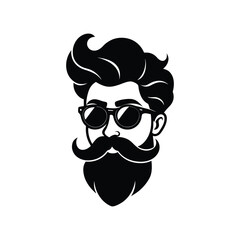Vector illustration of hipster man with sunglasses and a thick beard in black and white