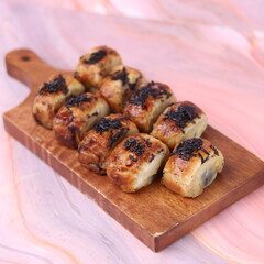 Jakarta's signature baked Bolen cake photographed at various angles of 45 degrees, front view and flat lay. isolate object