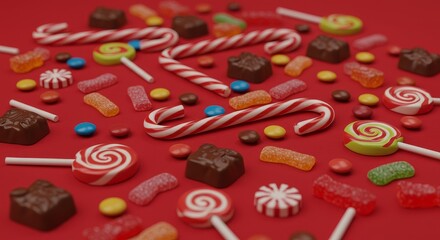 3D Christmas Candy on Red Background