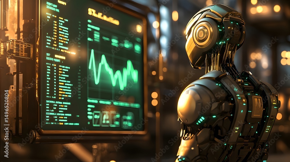 Poster futuristic robot observing data on a large screen.