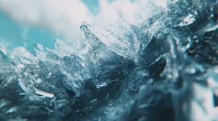 Close-up of a textured, icy, crystalline formation with sharp, jagged edges, exhibiting a cool, blue-teal hue against a blurred, light background