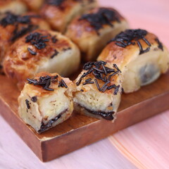 Jakarta's signature baked Bolen cake photographed at various angles of 45 degrees, front view and...
