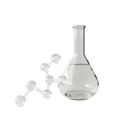 Clear chemical glassware with molecular structure on white background in laboratory setting, Chemical glassware and molecule white background
