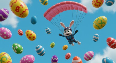 3D Easter Bunny Skydiving with Colorful Eggs