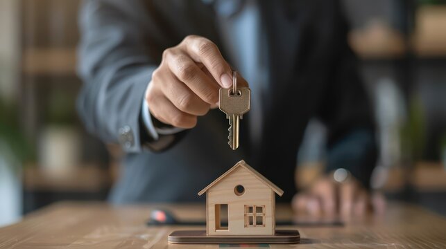 Conceptual image of a loan officer handing over keys to a house for mortgage loans.