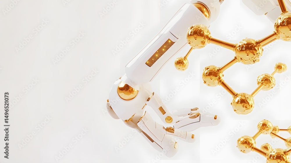 Poster modern robotic arm interacting with complex molecular structure.