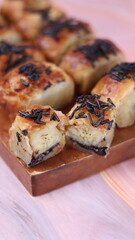 Jakarta's signature baked Bolen cake photographed at various angles of 45 degrees, front view and flat lay. isolate object