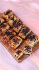 Jakarta's signature baked Bolen cake photographed at various angles of 45 degrees, front view and flat lay. isolate object