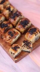 Jakarta's signature baked Bolen cake photographed at various angles of 45 degrees, front view and flat lay. isolate object