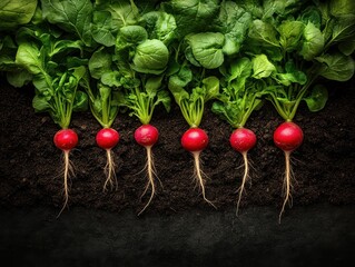 Five vibrant red radishes, neatly arranged in dark soil, topped with lush green leaves