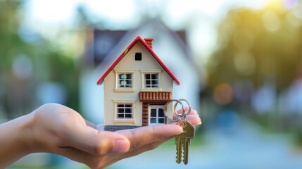 New homeowners holding keys to their house with a mortgage agreement.