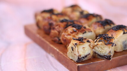 Jakarta's signature baked Bolen cake photographed at various angles of 45 degrees, front view and flat lay. isolate object