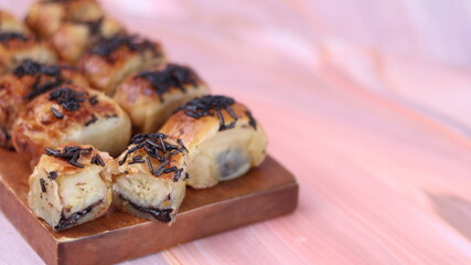 Jakarta's signature baked Bolen cake photographed at various angles of 45 degrees, front view and...