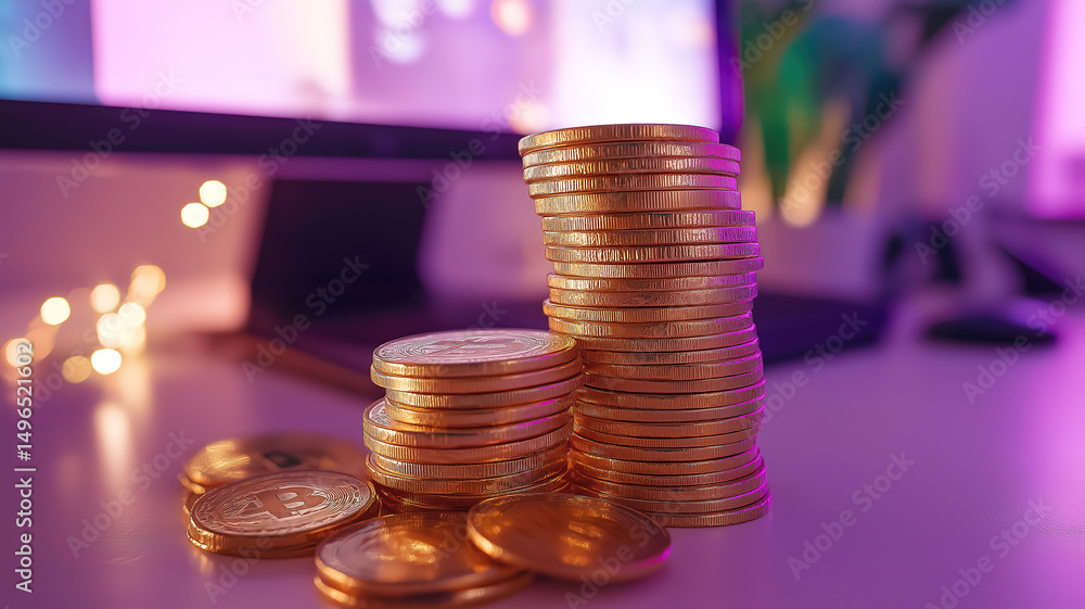 Poster gold coins stacked neatly on a table in front of a computer monitor showing financial data