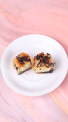 Jakarta's signature baked Bolen cake photographed at various angles of 45 degrees, front view and flat lay. isolate object