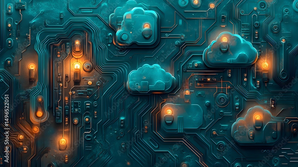 Aufkleber abstract digital design of circuit board with cloud shapes.