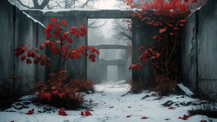 Eerie winter scene misty ruins red leaves overgrown plants concrete walls snowy ground