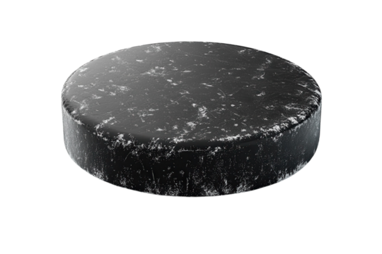 A battle worn hockey puck scarred and ready for the next game winning shot isolated on black on transparent background
