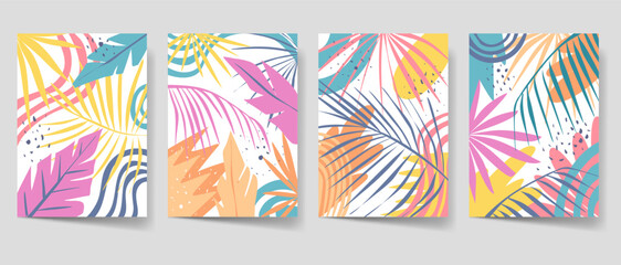 Obraz premium Colorful palm leaves poster set. Aesthetic floral cover collection for print and decoration. Modern illustration template bundle