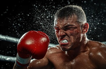 close-up of a muscular boxer with blood on his face and red glove throwing a powerful punch with intense expression and sweat flying in the air