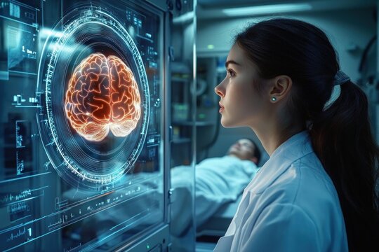 Focused female scientist or doctor analyzing a futuristic holographic brain scan with patient lying in hospital bed in the background
