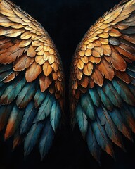 Fototapeta premium Detailed close-up of symmetrical bird wings with golden brown and teal feathers against a dark background evoking a sense of elegance and mystery