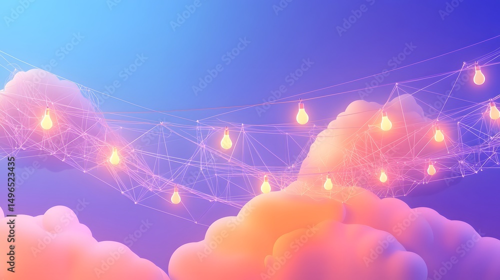 Poster abstract design of illuminated clouds connected by lines.