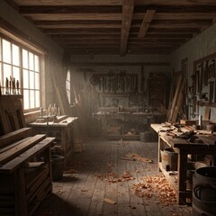 Obraz premium 3D Illustration of Vintage Woodworking Workshop Interior