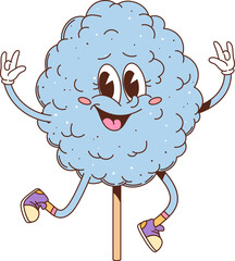 Blue cotton candy or sweet snack groovy funny character. Sugar cotton candy cute funky vector mascot. Fair or amusement park sweet dessert isolated funky groovy personage or hippie cheerful character