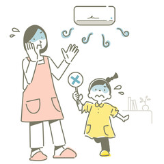 エアコンの不具合に困るお母さんと女の子　シンプルでかわいい線画イラスト