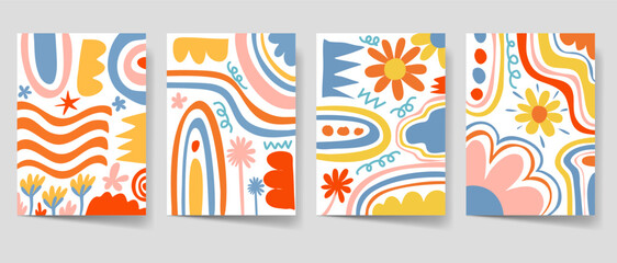 Obraz premium Colorful summer doodles poster set. Hand drawn cover collection for print and decoration. Summer illustration template bundle