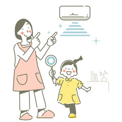 エアコンで快適に過ごすお母さんと女の子　シンプルでかわいい線画イラスト