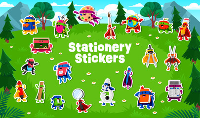 Cartoon superhero education stationery characters stickers pack. Vector set of notebook, pencil, ruler, marker, eraser and compass. Scissor, chalkboard, glue, globe, sharpener, magnifier with backpack