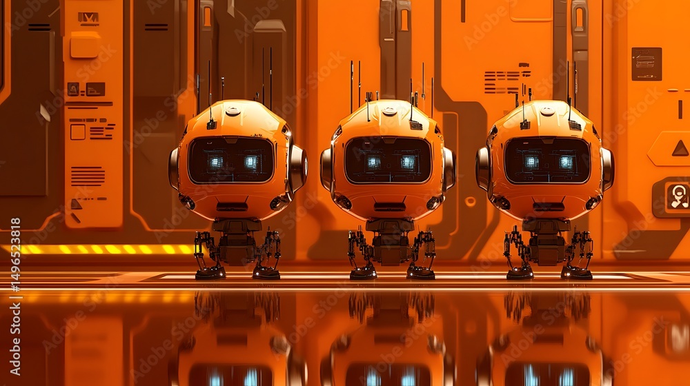 Poster three small orange robots stand in a futuristic setting.