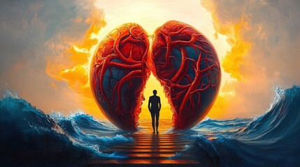 Silhouette of a person walking between two giant cracked anatomical hearts glowing with red veins against a dramatic sunset over ocean waves