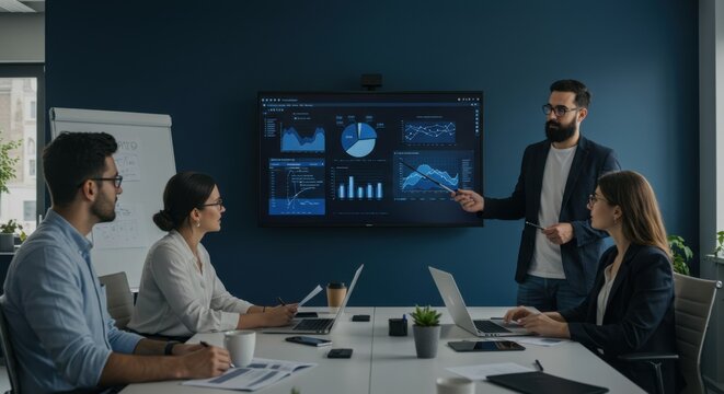 Diverse Business Team in a Modern Meeting Room Reviewing Data
