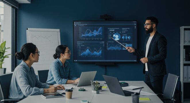  Diverse Business Team in a Modern Meeting Room Reviewing Data Visualizations and Analytics on a Large Digital Screen, Led by a Presenter Pointing to Key Information, Representing Data