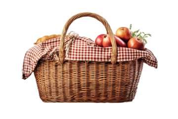 A cozy picnic basket overflowing with ripe red apples and fresh greenery suggesting autumn joy on transparent background