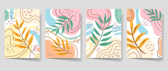 Colorful flowers poster set. Aesthetic floral cover collection for print and decoration. Modern illustration template bundle