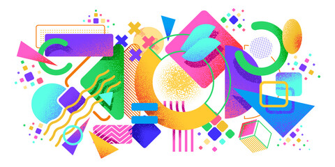 Colorful Memphis abstract shapes background. Minimalistic geometric forms vector backdrop, abstract graphic shape figures cover background or futuristic wallpaper with vibrant color elements