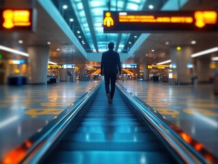 A solitary man in a suit walks up an escalator in a modern brightly lit airport terminal with directional signs and polished floors, evoking a sense of travel and anticipation