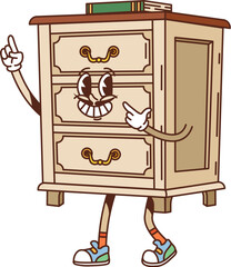 Cartoon groovy drawer furniture and interior character with handles, smiling face, books on top and expressive gesture. Vector retro personage in sneakers with funky vintage y2k hippie nostalgic vibe